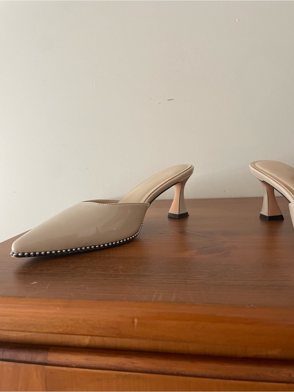 Size 9 Pointed Toe Beaded Mules 2.6” Kitten Heels. faux patent leather Nude - Picture 2 of 10